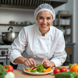 Cocinera de guardería preparando comida saludable para niños