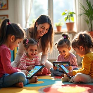 Niños jugando con tablets en una guardería moderna
