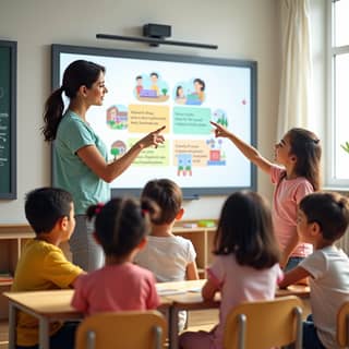 Educadora utilizando una pizarra interactiva en una guardería