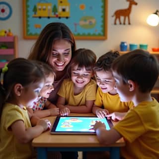 Niños jugando con una aplicación educativa interactiva en una guardería