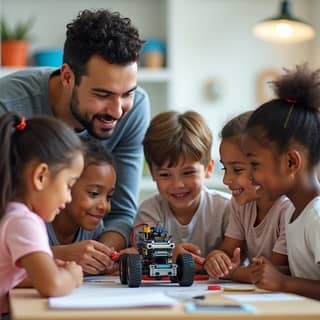 Niños trabajando con robots educativos en una guardería española