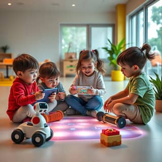 Niños interactuando con una pizarra digital en una guardería
