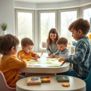 Niños jugando a un juego educativo en una tableta