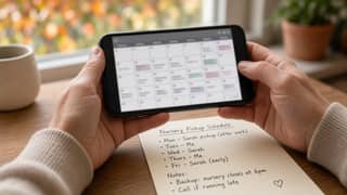 Padre revisando en el móvil el calendario escolar de otoño junto a notas de recogida en la guardería