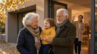 Abuelos recogen a un niño pequeño en la entrada de una escuela infantil al atardecer de otoño