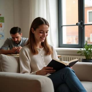 Padres felices practicando sus hobbies mientras su hijo está en la guardería