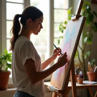 Madre feliz pintando en su estudio en casa, sintiéndose realizada