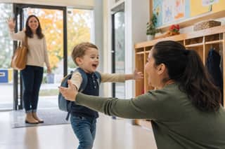 Niño pequeño contento al reencontrarse con su educadora en la entrada de la guardería a principios de septiembre