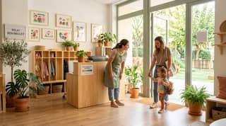 Educadora recibe a una familia en la entrada luminosa de una escuela infantil moderna en España