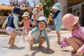 Niños pequeños jugando con agua en un patio de guardería supervisado en verano