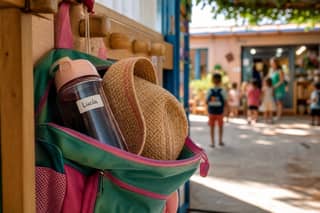 Mochila de guardería con botella de agua etiquetada y gorro para el sol, preparada para un día de calor