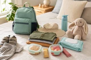 Mochila de viaje preparada con ropa de recambio, snacks y objetos de confort para un niño pequeño