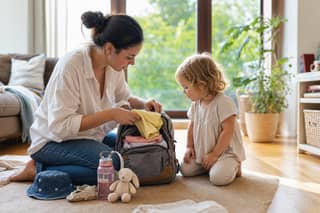 Progenitor preparando la mochila de la guardería con ropa de recambio, gorro y botella de agua mientras su hijo pequeño observa
