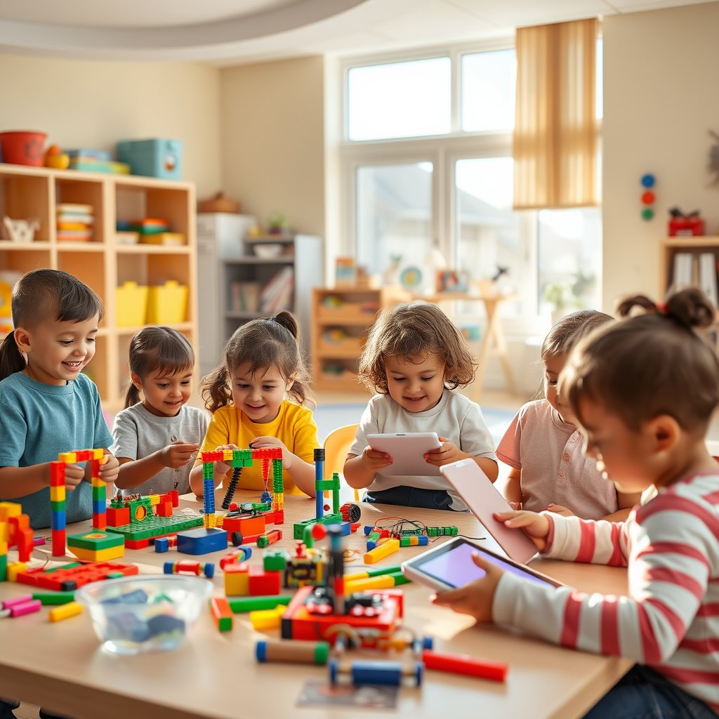 Niños construyendo una torre con bloques en la guardería