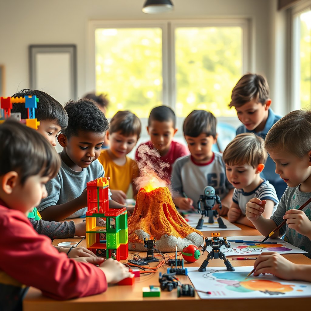 Educadora guiando a un grupo de niños en una actividad STEAM