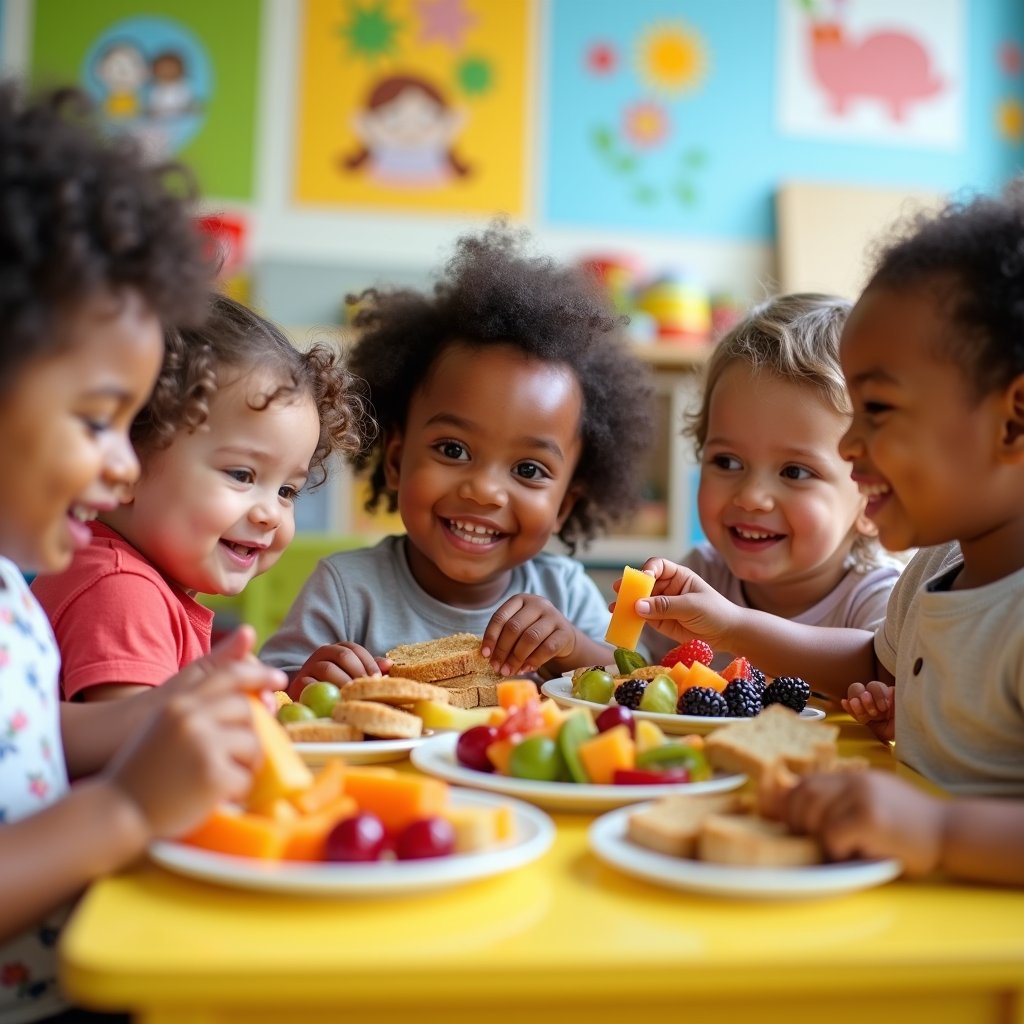 Niños comiendo frutas y verduras en la guardería